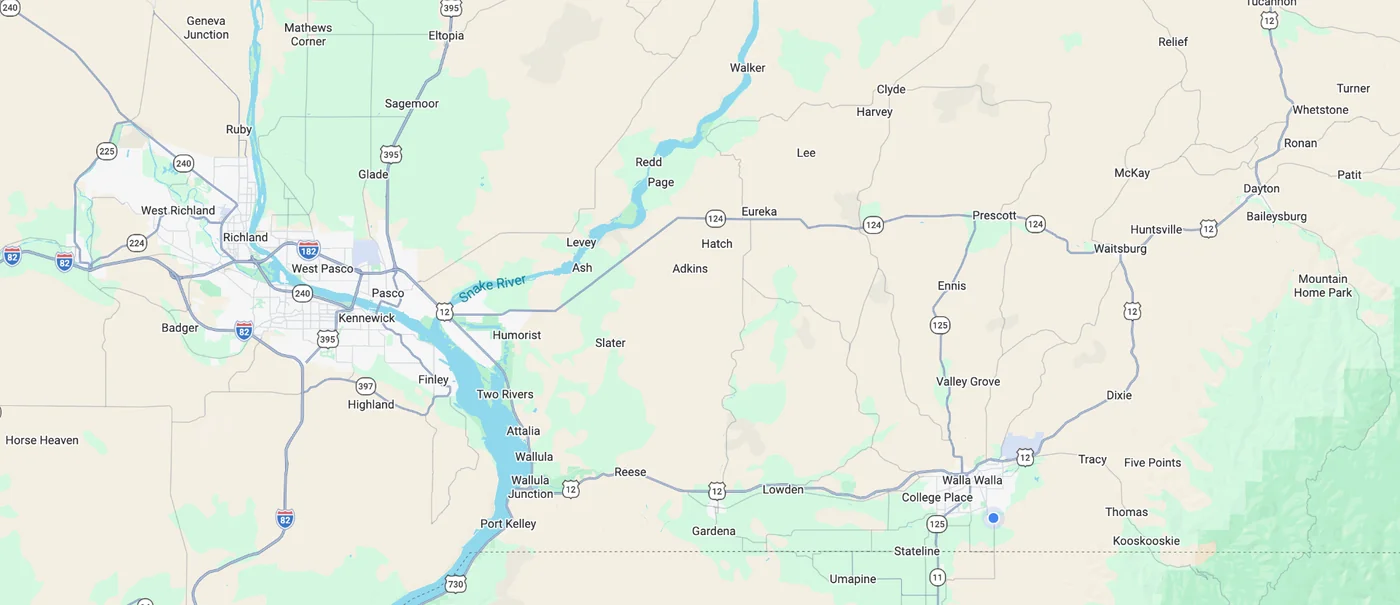 Moller's Plumbing Service area map covering Tri-Cities, Walla Walla, College Place, and Dayton in Southeastern Washington
