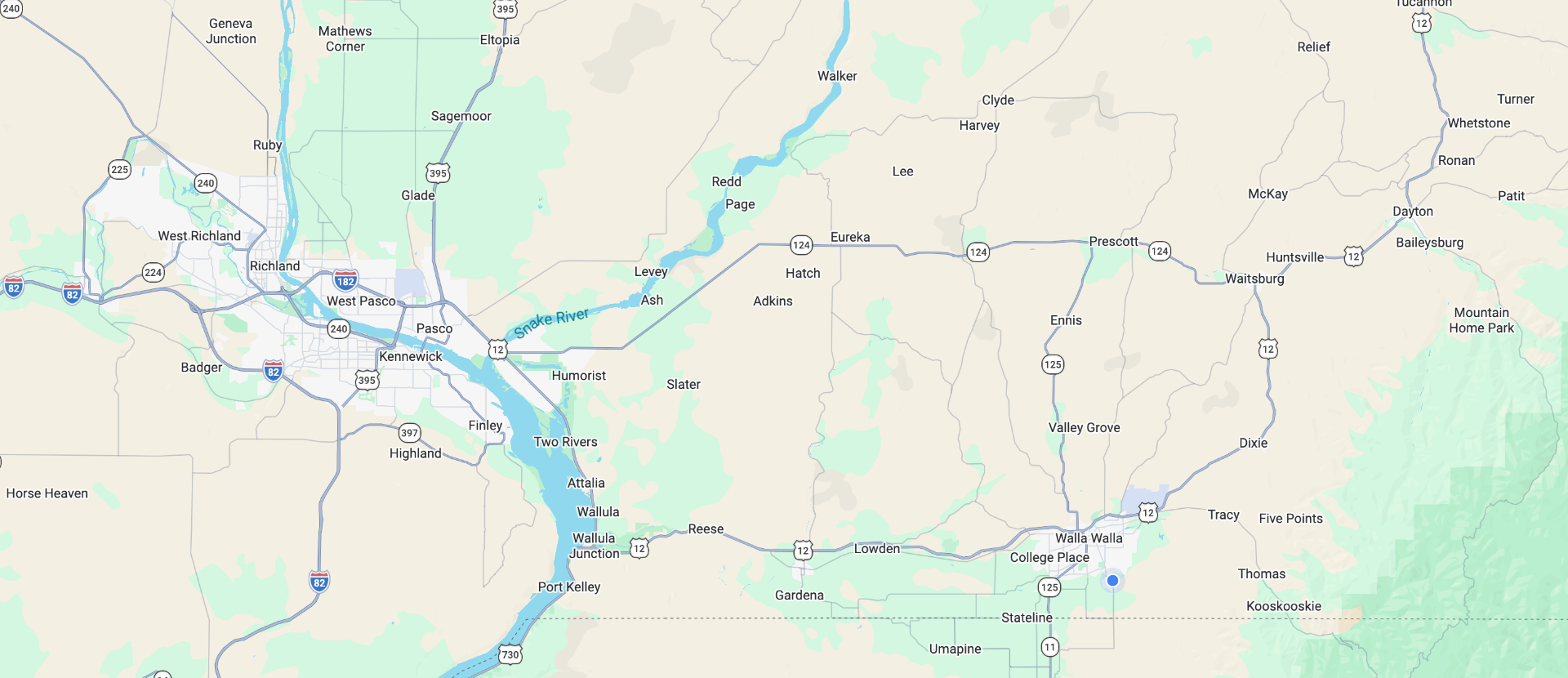 Moller's Plumbing Service area map covering Tri-Cities, Walla Walla, College Place, and Dayton in Southeastern Washington