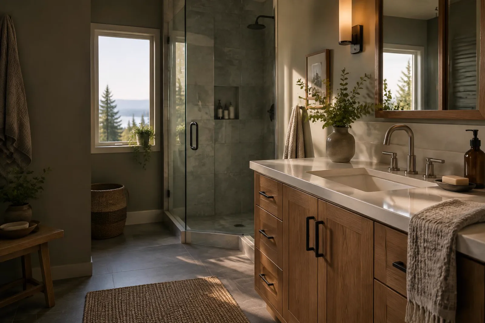 Completed bathroom vanity, sink, faucet, and shower in a residential home