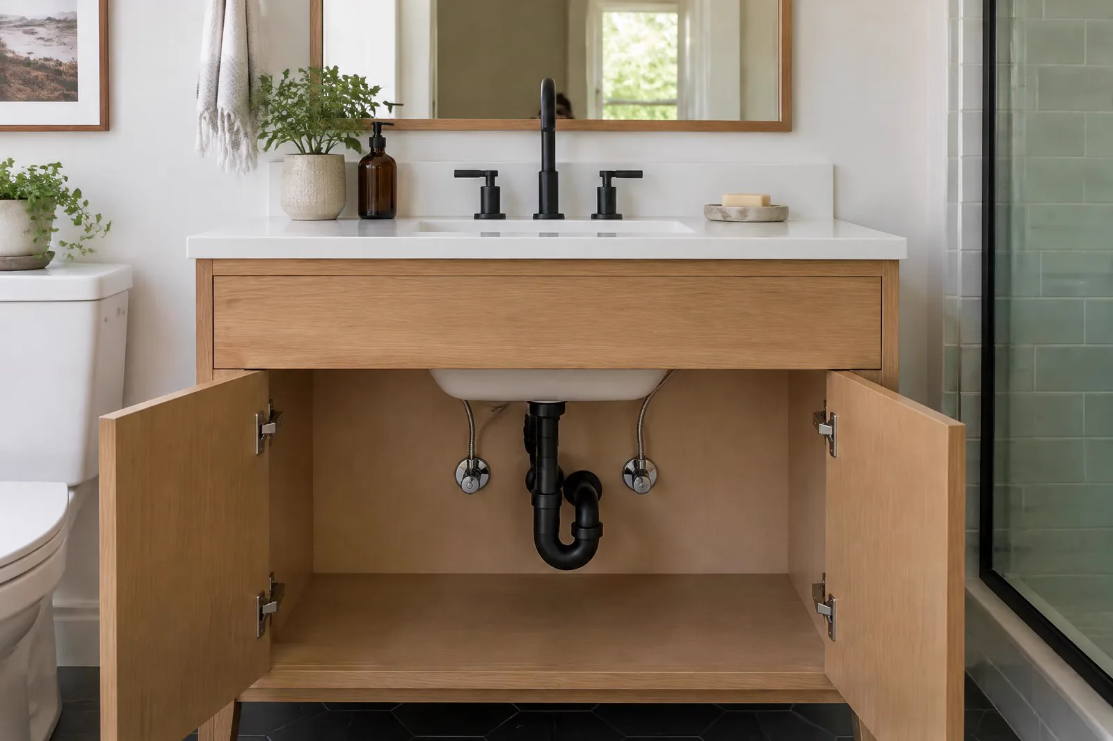 Completed bathroom vanity with visible sink drain, water supply valves, and plumbing connections