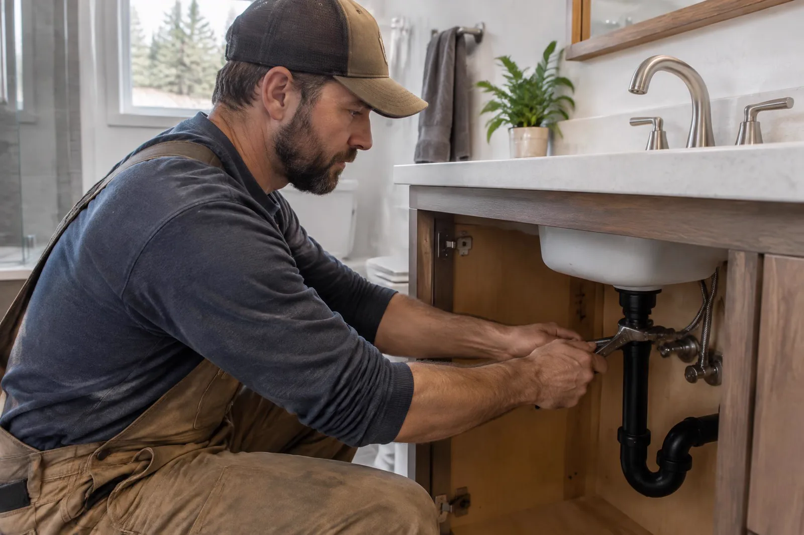 Plumber carefully tightening a bathroom vanity water connection during fixture installation