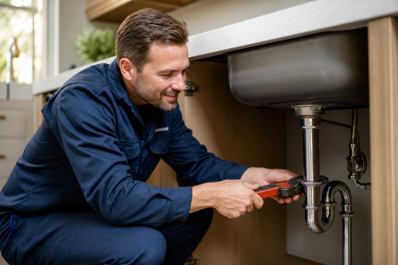 Professional plumber working in a clean home