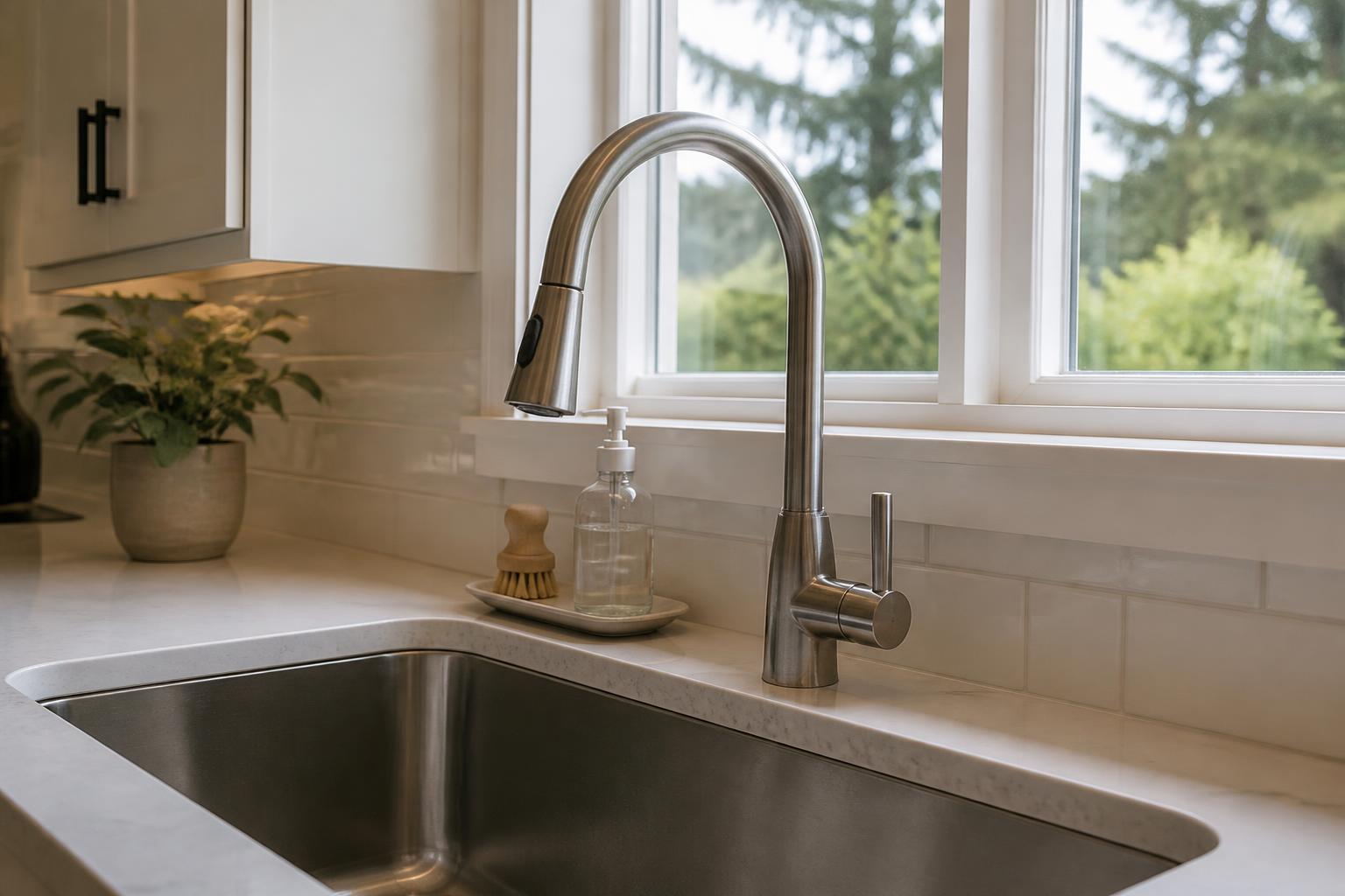 Installed kitchen faucet and stainless sink in a bright residential kitchen