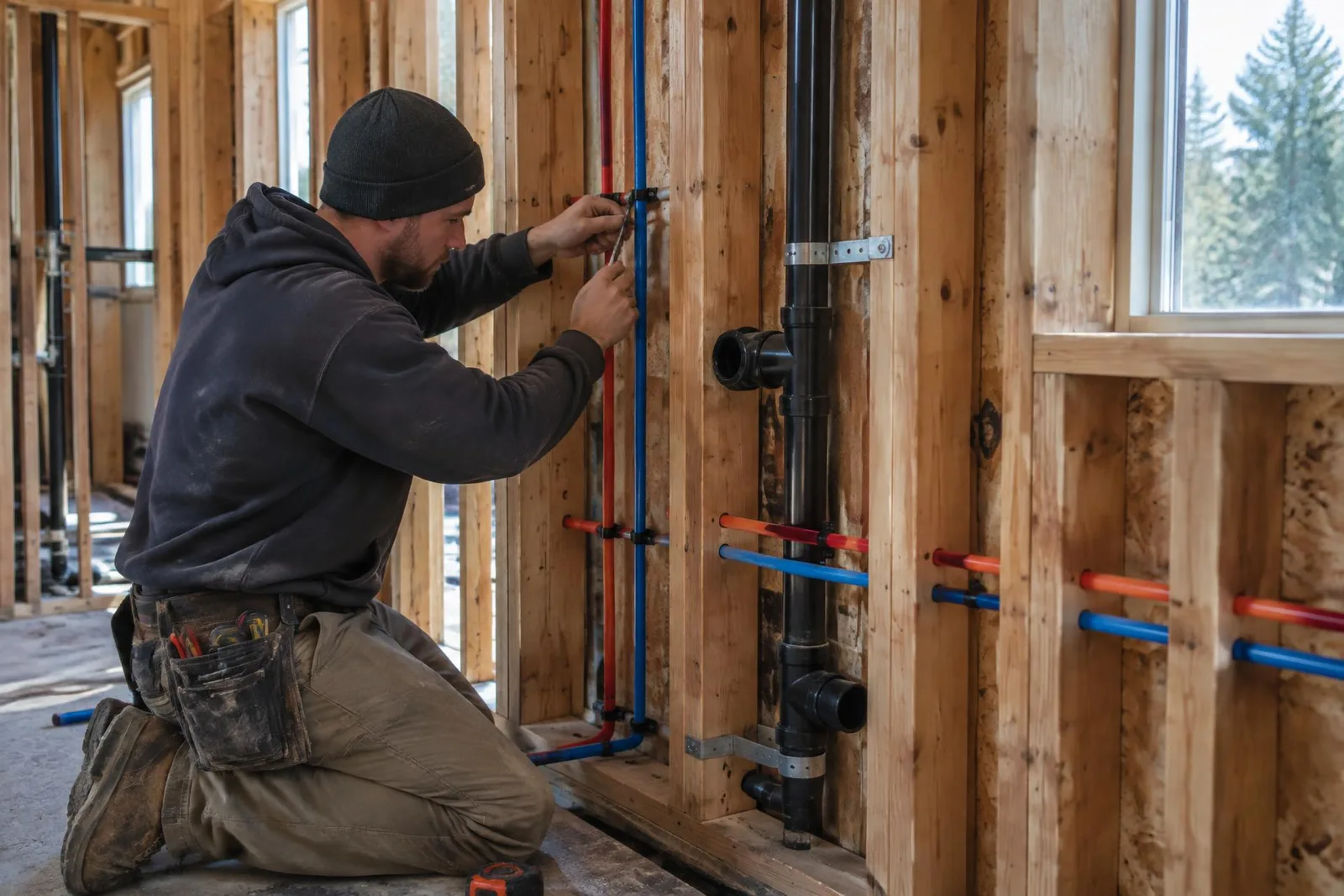 Plumber measuring and securing residential rough-in piping inside exposed framing