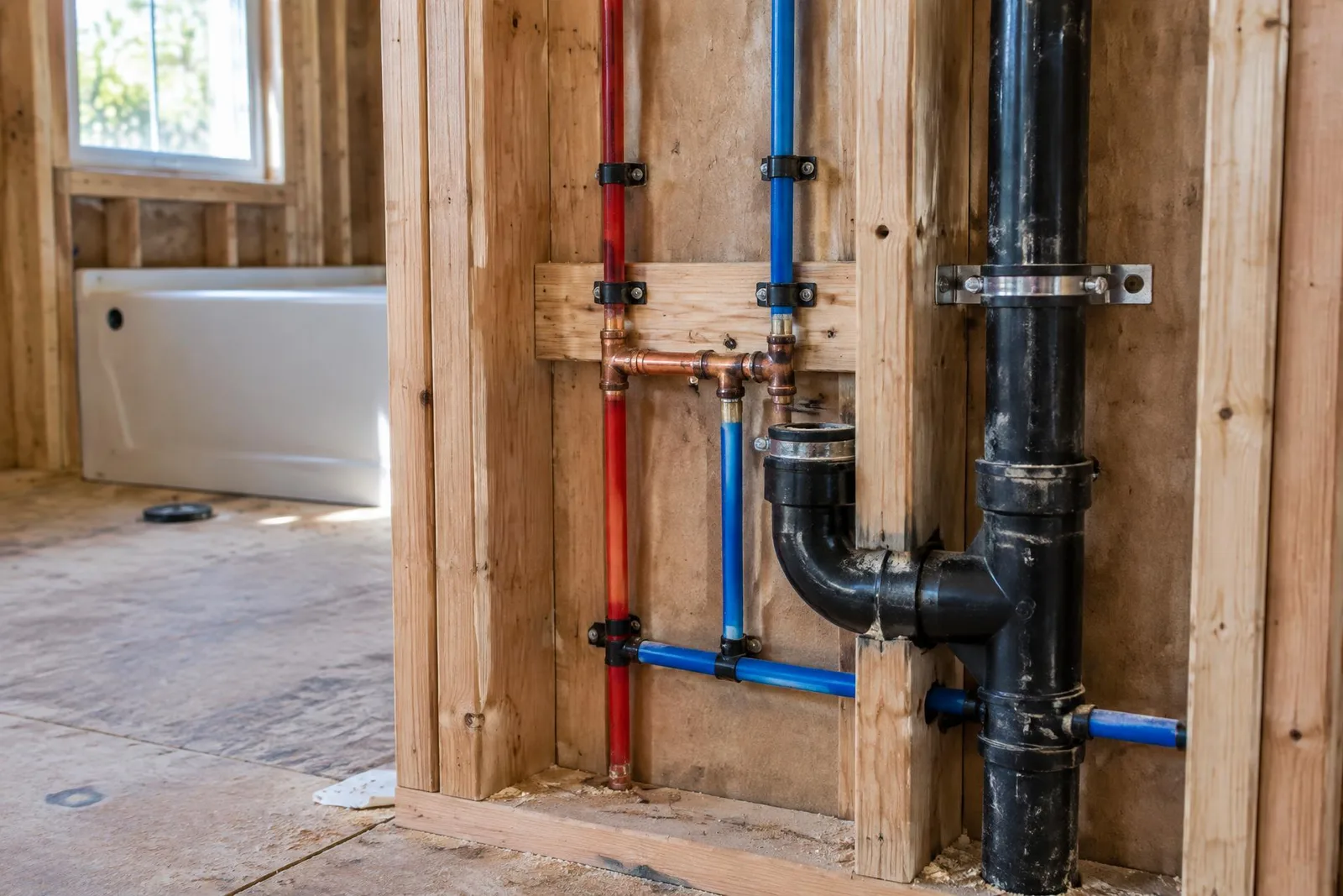 Close view of supported PEX, copper connections, and drain plumbing routed through exposed wall framing
