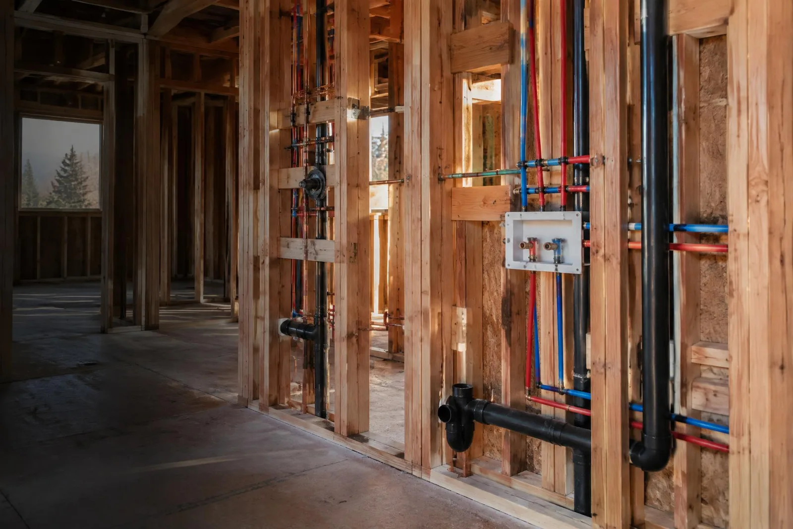Professionally installed supply and drain piping ready to be enclosed behind residential walls