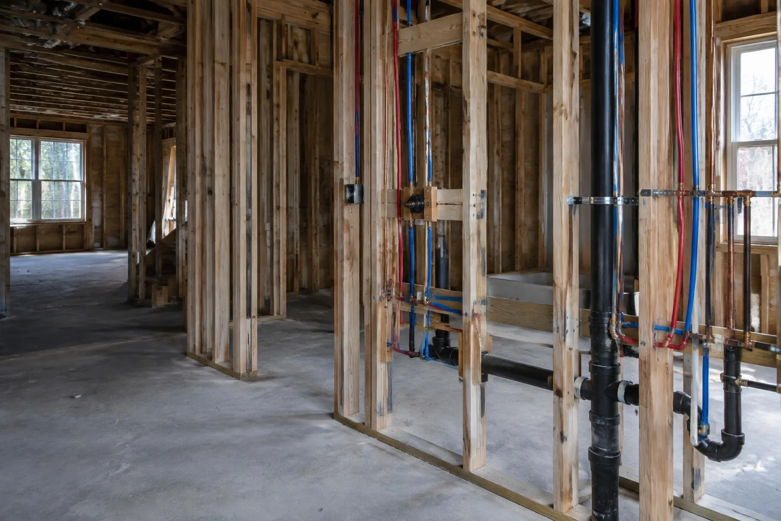 Organized PEX, copper, and drain-line rough-in installed inside exposed residential wall framing