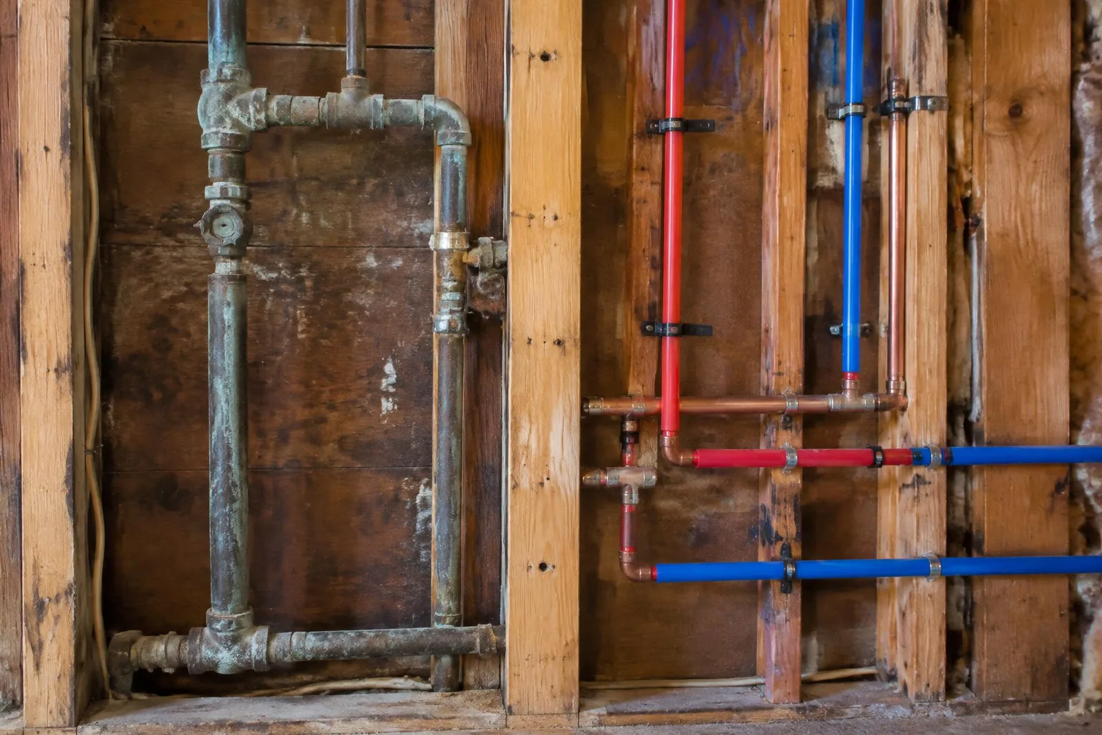 Aged residential piping shown beside clean newly routed and supported supply lines during renovation