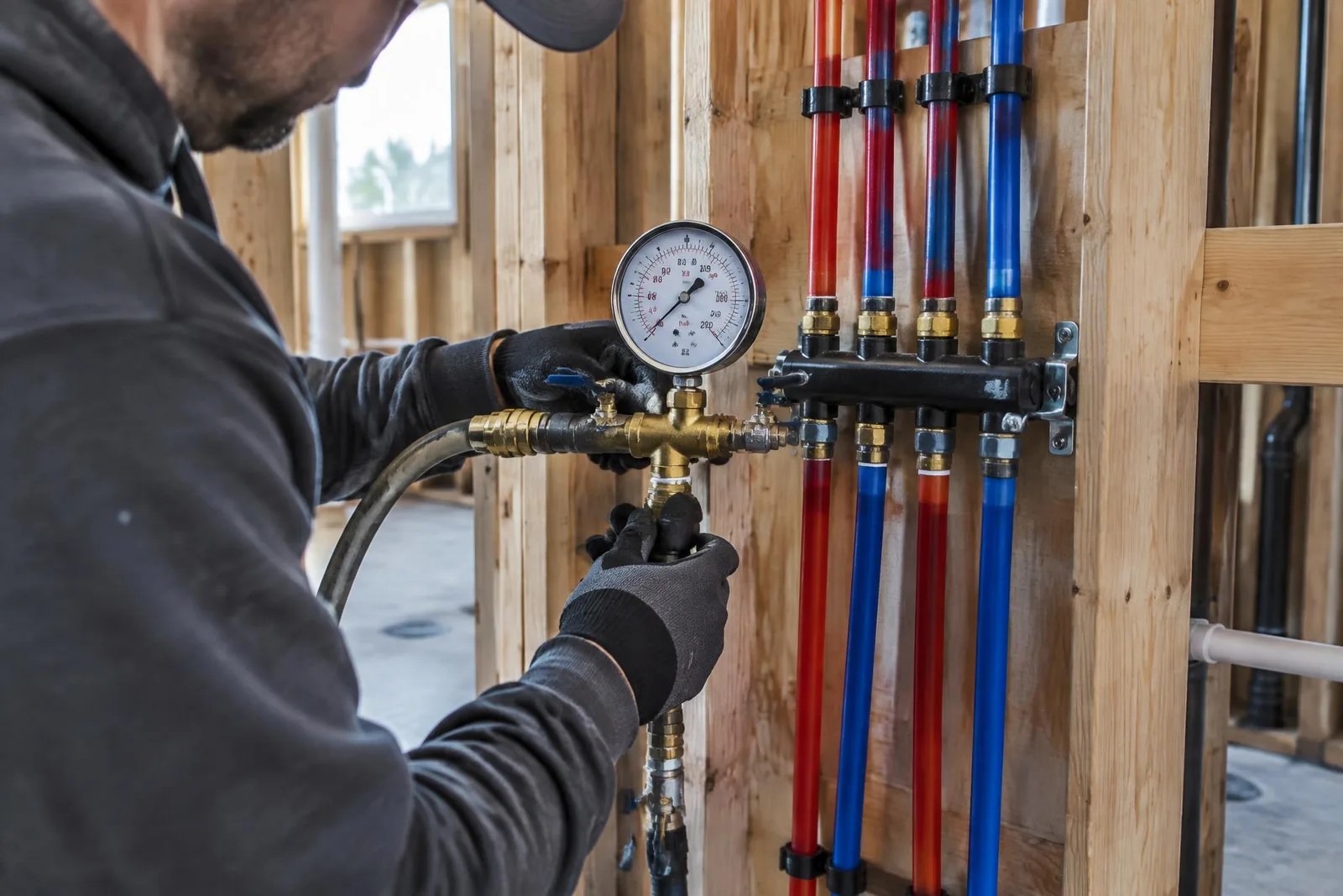 Plumber checking a pressure gauge connected to newly installed residential PEX piping