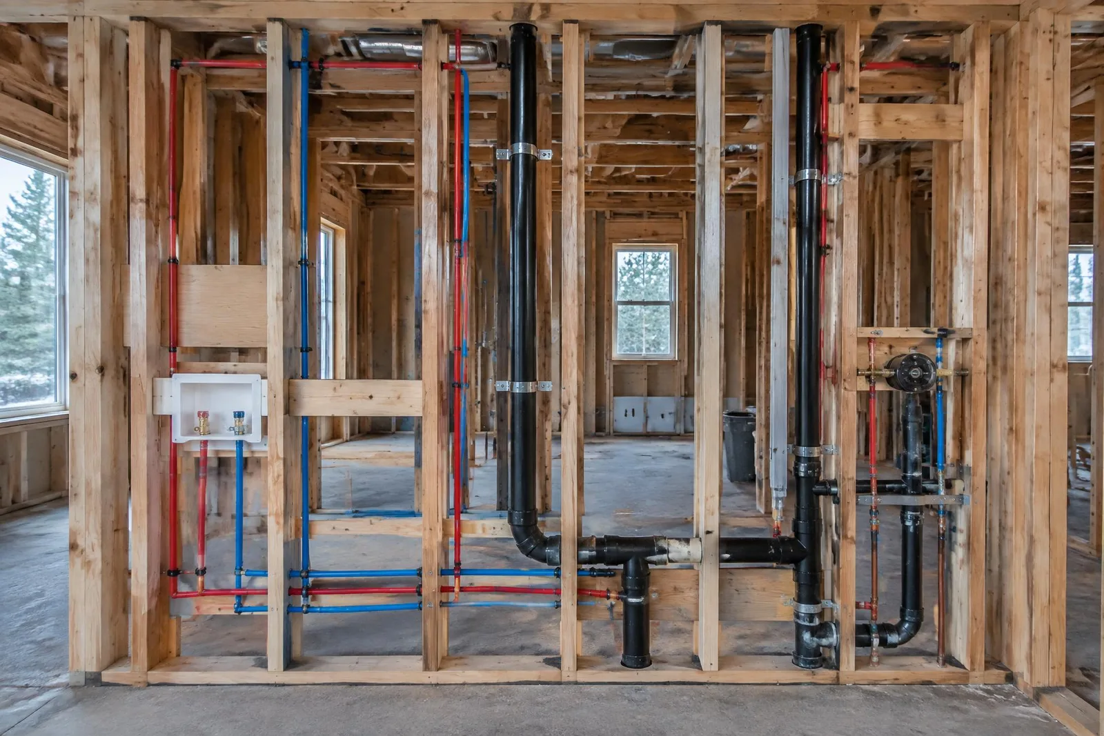 Organized water supply, drainage, and vent lines installed across an unfinished residential wall