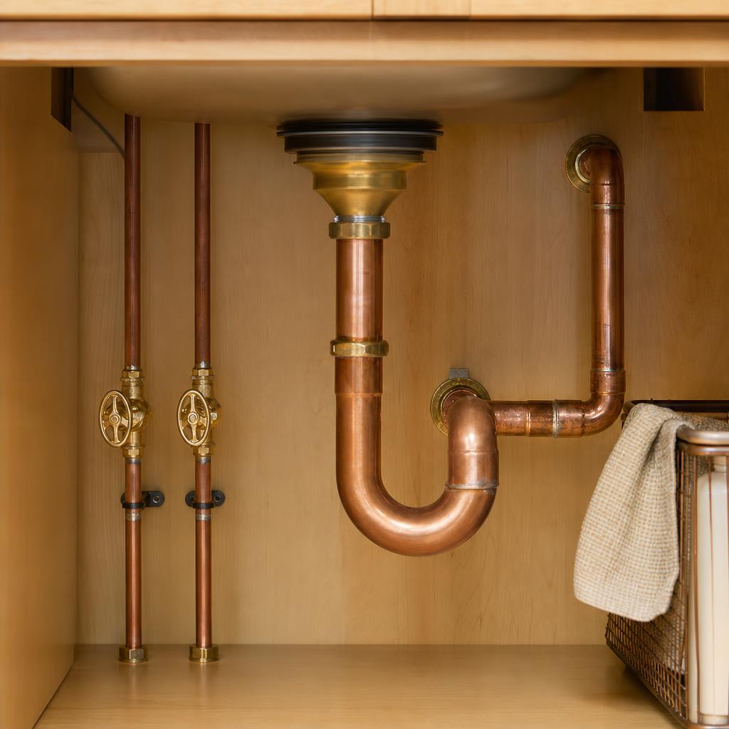 Plumber inspecting home plumbing during a maintenance visit