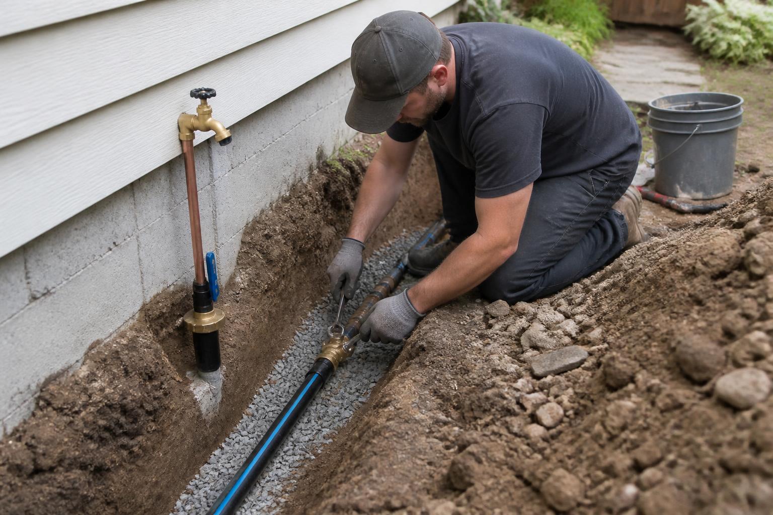 Plumber making a residential water line connection in a prepared trench